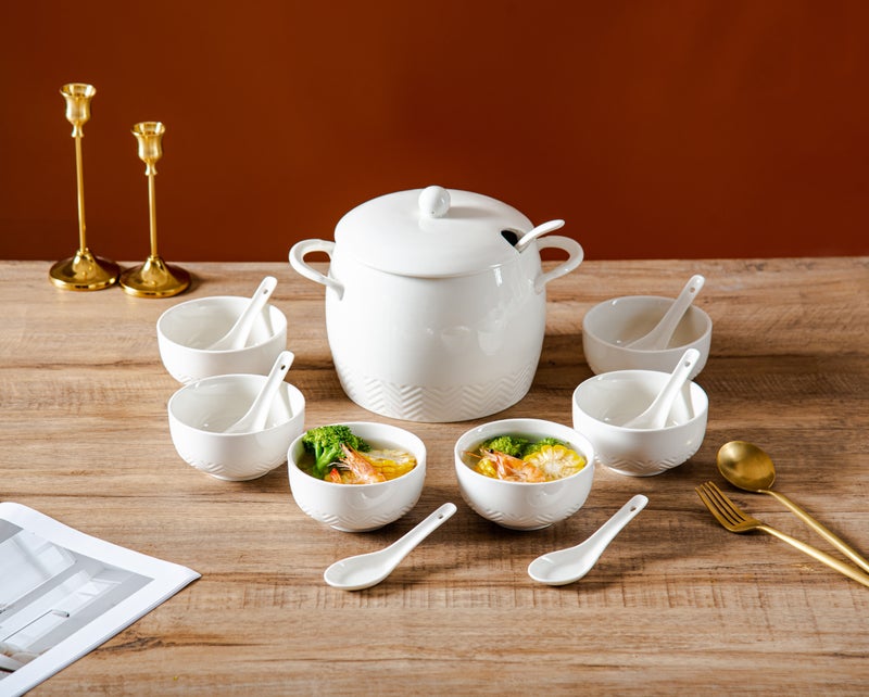 Dove 15-Piece Porcelain Soup & Bowl Set White, Set Includes (10 inch Soup Bowl, 7 inch Lid, 4.5 inch 6pcs Bowl, 9 inch Ladle, 5 inch 6pcs Spoon)