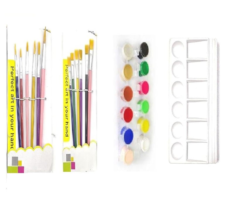 Freedy 12 Painting Brush (6 Round + 6 Flat)+ Color Plate +12 Shade Tempra Colors/Paints/Water Colours for Painting/Kids/Colour Paints/Drawing for Kids-e - Image 1