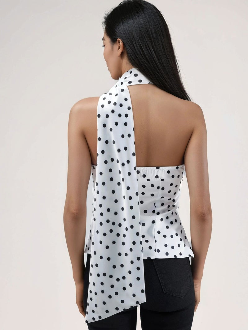 HICCUP Asymmetrical Collar Polka Dot Satin Blouse - Image 3