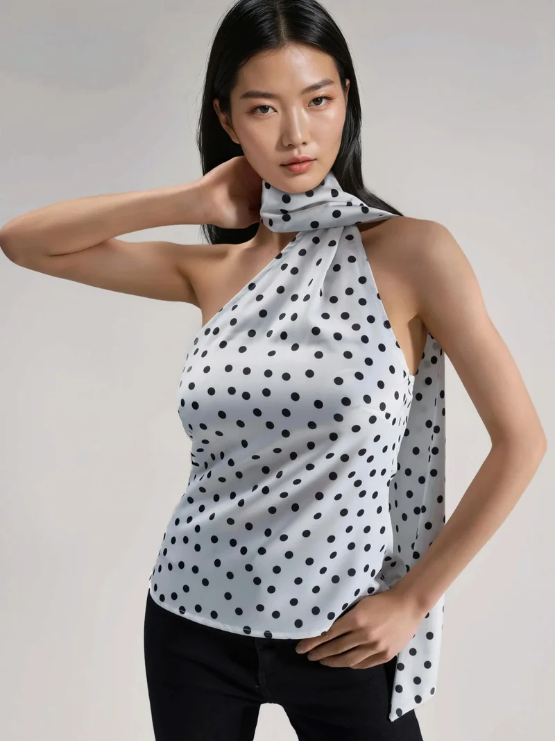 هيكاب Asymmetrical Collar Polka Dot Satin Blouse