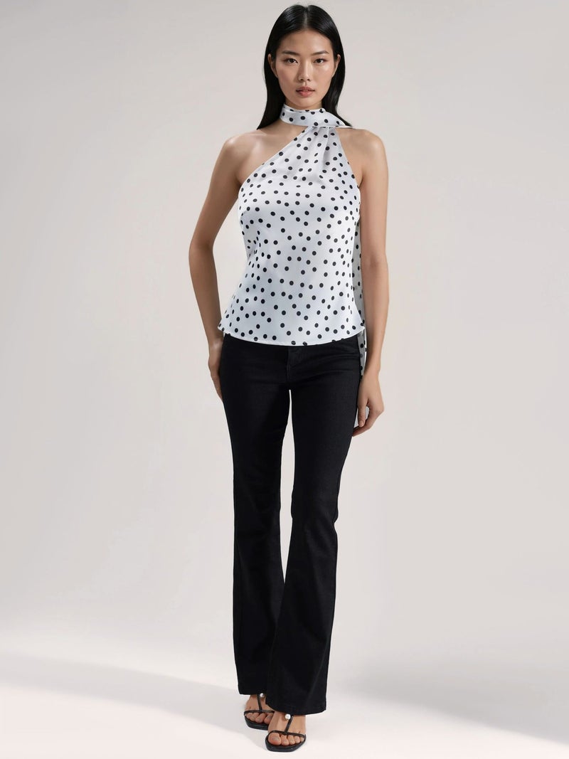 HICCUP Asymmetrical Collar Polka Dot Satin Blouse - Image 5