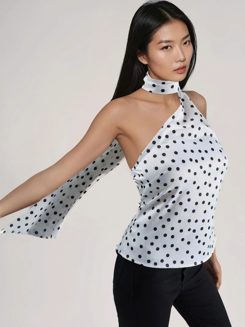 هيكاب Asymmetrical Collar Polka Dot Satin Blouse