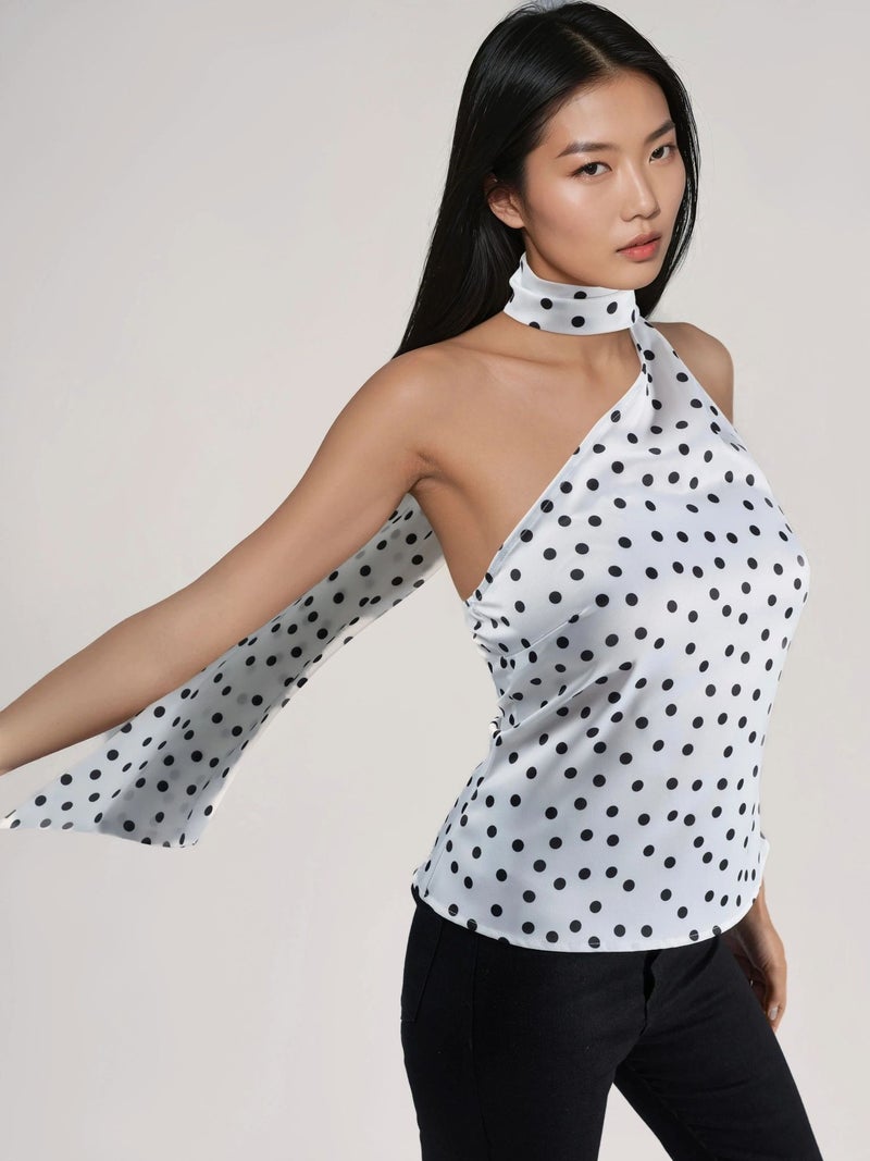 HICCUP Asymmetrical Collar Polka Dot Satin Blouse - Image 2