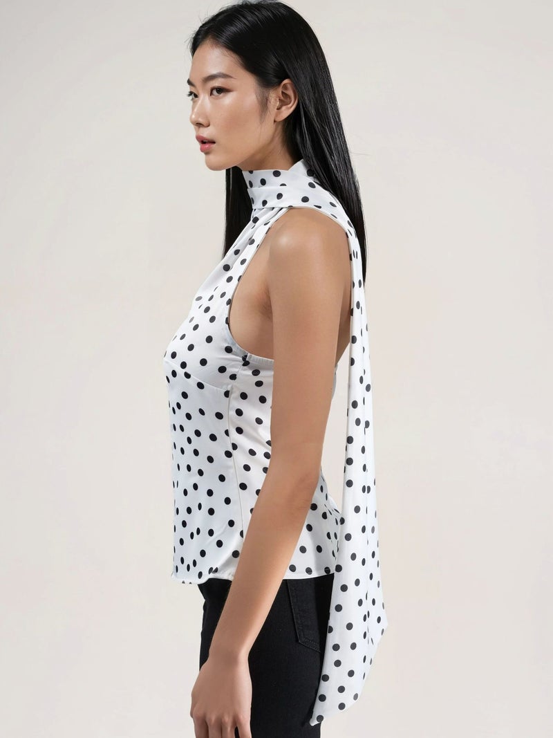 HICCUP Asymmetrical Collar Polka Dot Satin Blouse - Image 4