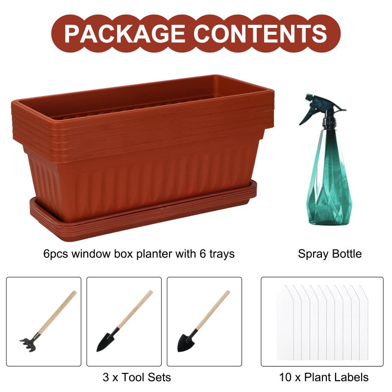 OSMOFUZE 6 Packs Window Box Planter, 17 Inches Flower Window Box Rectangular Plastic Vegetable Planters with Trays for Windowsill, Patio, Garden, Balcony, Brick Red - Image 3