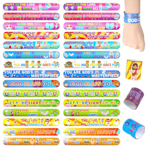 LovesTown 48PCS Christian Snap Bracelets Bible Verses Religious Slap Wristbands Slap Bracelets for Kids Sunday School Gifts Classroom Prizes - Image 1