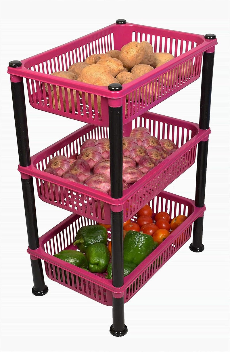 mastBus 1 Set Vegetable Rack Plastic for Sabji Multipurpose Stand Heavy Duty Stand Pink 3 Racks - Image 1