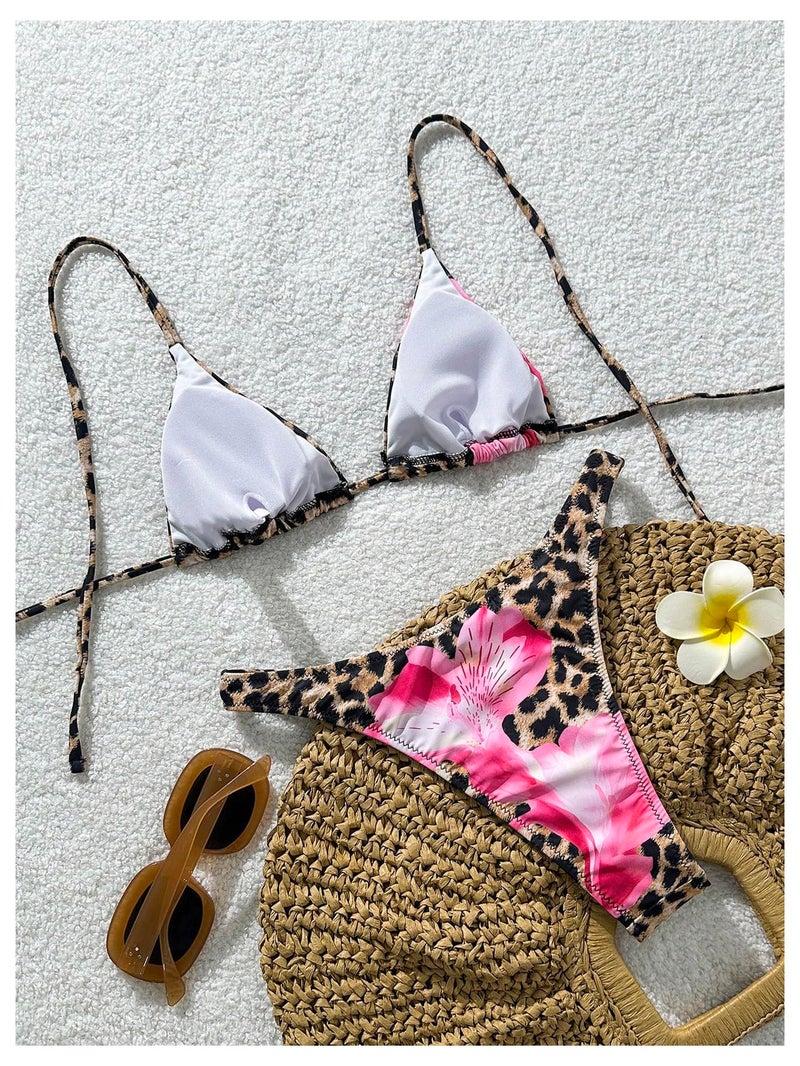 MakeMeChic Women's Polka Dots Triangle Thong Bikini Sets Floral Cute Bathing Suit Swimsuits Brown Leopard Flower Medium - Image 4