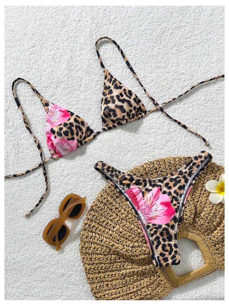 MakeMeChic Women's Polka Dots Triangle Thong Bikini Sets Floral Cute Bathing Suit Swimsuits Brown Leopard Flower Medium - Image 3