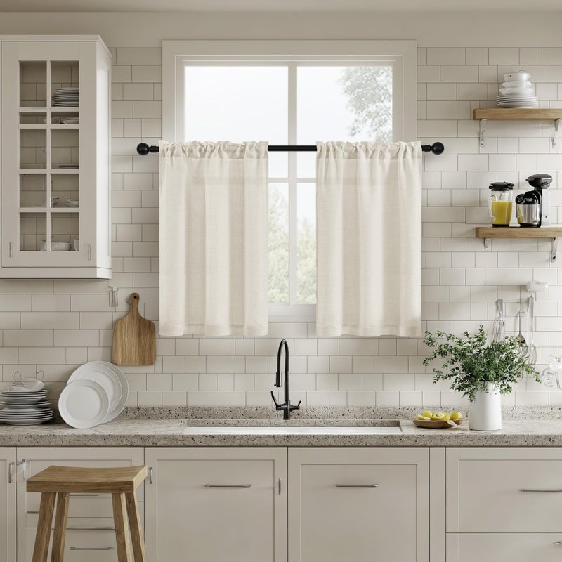 Dukiyo Natural Linen Curtains For Kitchen Window 30 Inches Long Farmhouse Dual Rod Pocket Semi Sheer Privacy Light Filtering Boho Cream Short Curtains 30 Inch Length For Small Window Cafe Rv W25Xl30 - Image 3