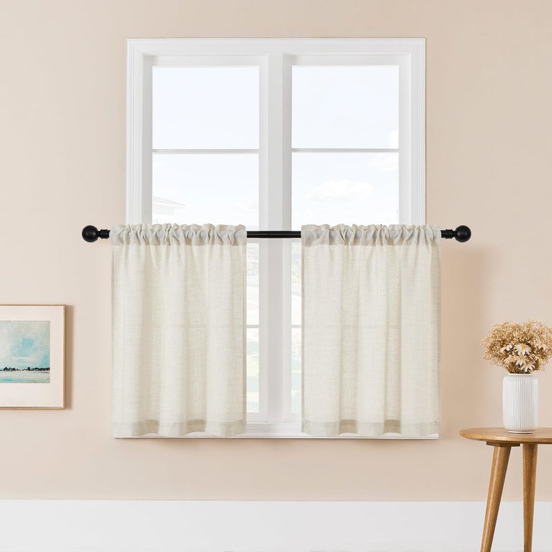 Dukiyo Natural Linen Curtains For Kitchen Window 30 Inches Long Farmhouse Dual Rod Pocket Semi Sheer Privacy Light Filtering Boho Cream Short Curtains 30 Inch Length For Small Window Cafe Rv W25Xl30 - Image 1
