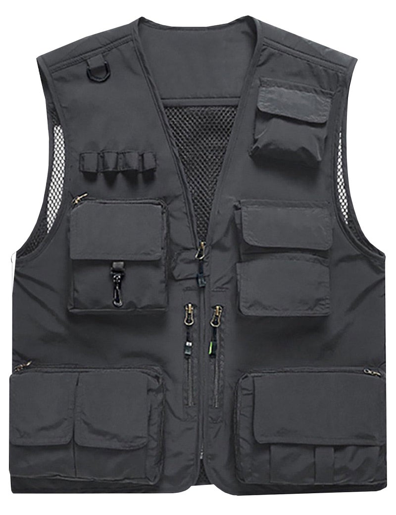 سترة فيغو للرجال خفيفة الوزن غير رسمية في الهواء الطلق لصيد السمك والعمل والسفاري والسفر والتصوير بجيوب متعددة رمادي متوسط