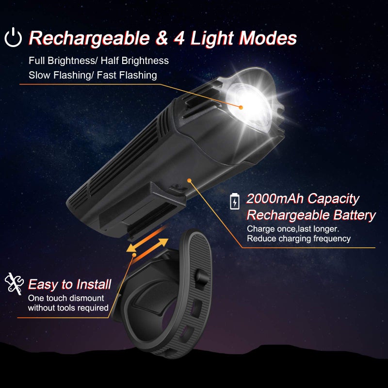 Ascher Ultra Bright USB Rechargeable Bike Light Set, Powerful Bicycle Front Headlight and Back Taillight, 4 Light Modes, Easy to Install for Men Women Road Mountain Cycling Black - Image 3