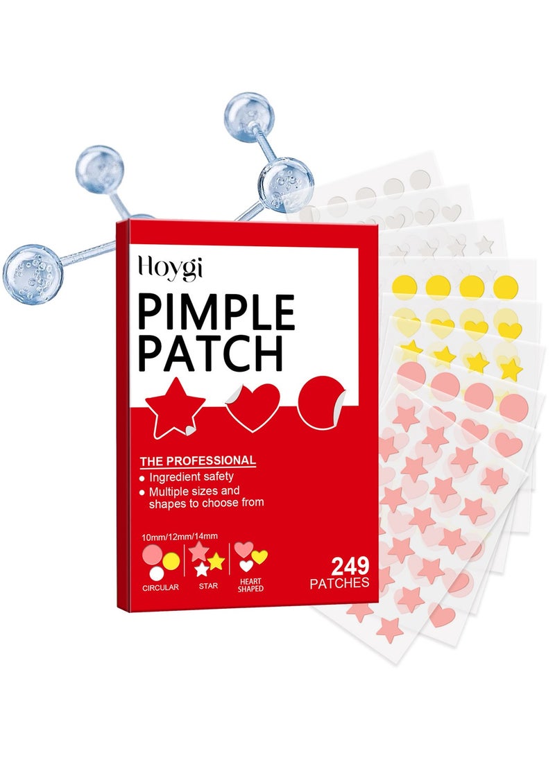 Hoygi 249 PCS Pimple Patches for Face, Acne Patches Hydrocolloid, Cute Star Zit Covers for Face, Spot Stickers with Tea Tree, Salicylic Acid & Cica Oil| Round, Star, Peach Shapes  - Image 1