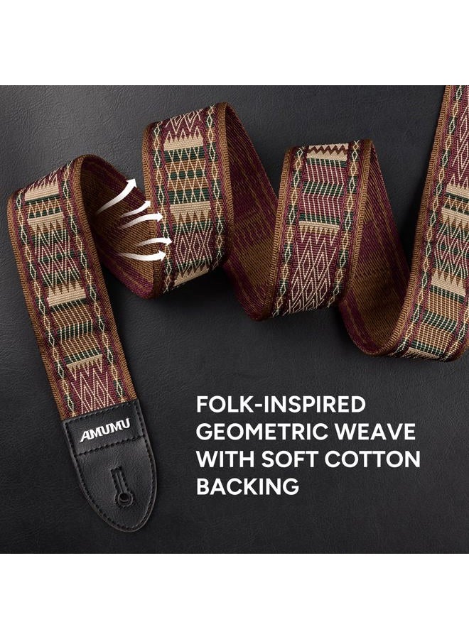 AMUMU Guitar Strap Brown Diamond Grill Retro Chevron Polyester Woven for Acoustic Electric Bass Guitars with Genuine Leather Ends + Free Rubber Strap Blocks & Headstock Tie, Brown Net, 5 - Image 4