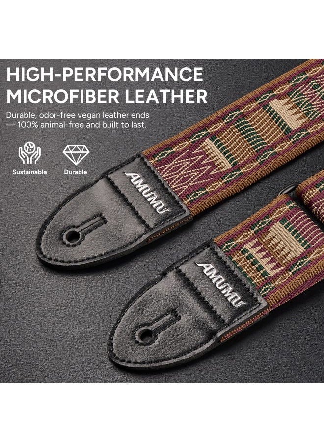 AMUMU Guitar Strap Brown Diamond Grill Retro Chevron Polyester Woven for Acoustic Electric Bass Guitars with Genuine Leather Ends + Free Rubber Strap Blocks & Headstock Tie, Brown Net, 5 - Image 3