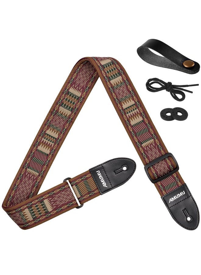 AMUMU Guitar Strap Brown Diamond Grill Retro Chevron Polyester Woven for Acoustic Electric Bass Guitars with Genuine Leather Ends + Free Rubber Strap Blocks & Headstock Tie, Brown Net, 5 - Image 1