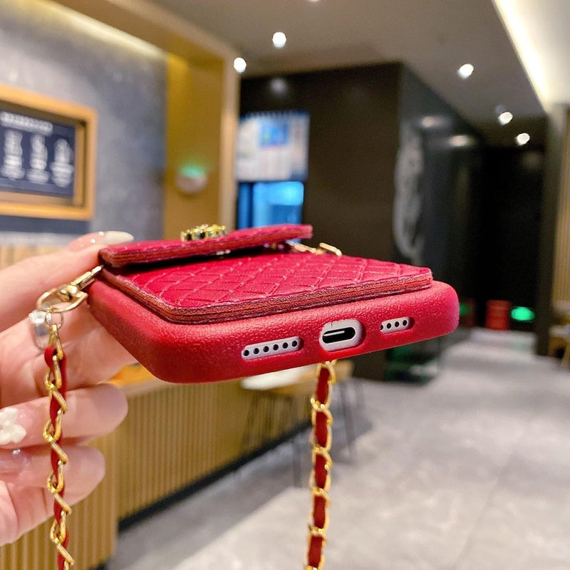 SPARKUP Crossbody Wallet Case for iPhone - Red Textured with Gold Chain, Card Holder, Strap Button Closure, Flip Kickstand, Shockproof Silicon Protective Cover (Red) (iPhone 12) - Image 4
