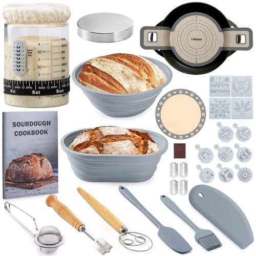 Friheten Sourdough Starter Kit, Sourdough Bread Baking Supplies, 40oz Sourdough Starter Jar, Silicone Banneton Bread Proofing Basket Set with 9" Round & 10" Oval,Artisan Bread Baking Tools,Silicone Bread Sling - Image 1