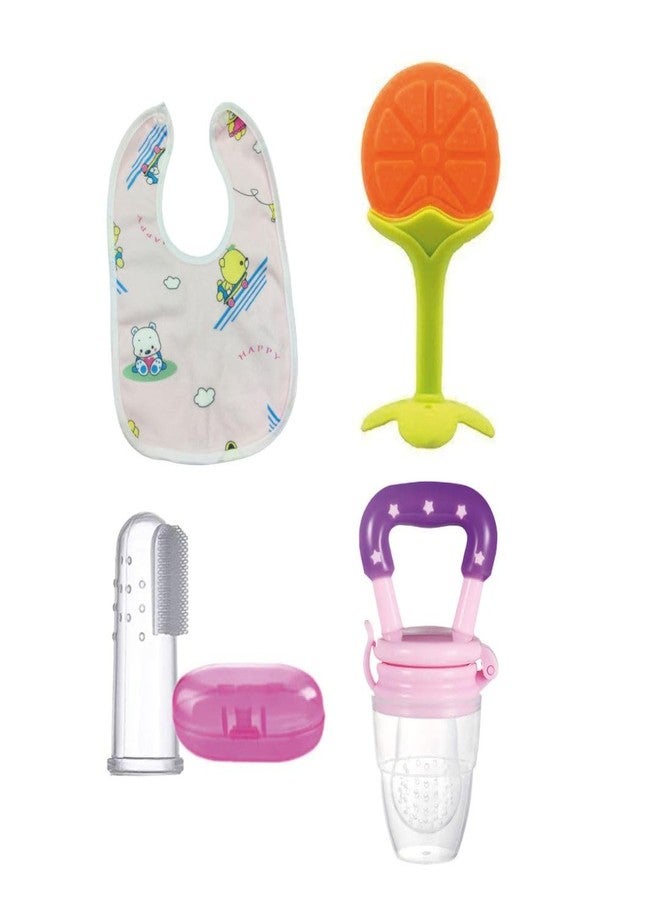 ROFORUF 4-in-1 Baby Feeding & Teething Combo | Fruit Shape Silicone Teether, Food Feeder Pacifier, Finger Toothbrush with Case & Waterproof Bib | BPA-Free Infant Oral Care Set (Pack of 4) (Pink) - Image 1