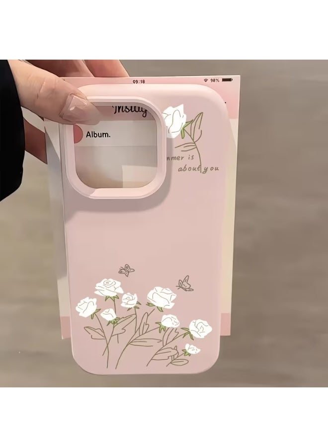 Temu Stylish pink iPhone case with white floral embellishments, drop and scratch resistant cover, compatible with iPhone 16 Pro Max