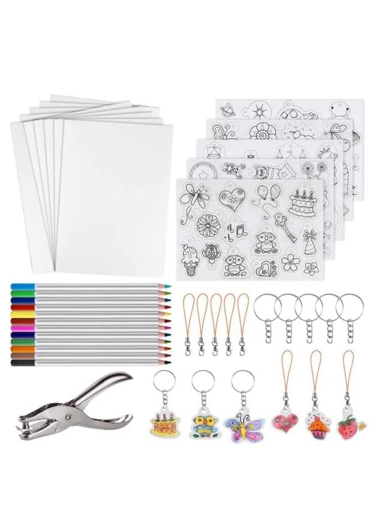 60 Pcs Heat Shrink Plastic Sheet Kit, Sheets Creative Pack, Including 10Pcs Blank Film Paper and 5 Art with Pattern, Hole Punch, Keychains, Pencils for Kids - Image 1