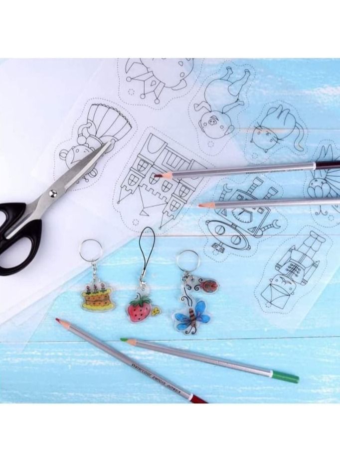 60 Pcs Heat Shrink Plastic Sheet Kit, Sheets Creative Pack, Including 10Pcs Blank Film Paper and 5 Art with Pattern, Hole Punch, Keychains, Pencils for Kids - Image 3