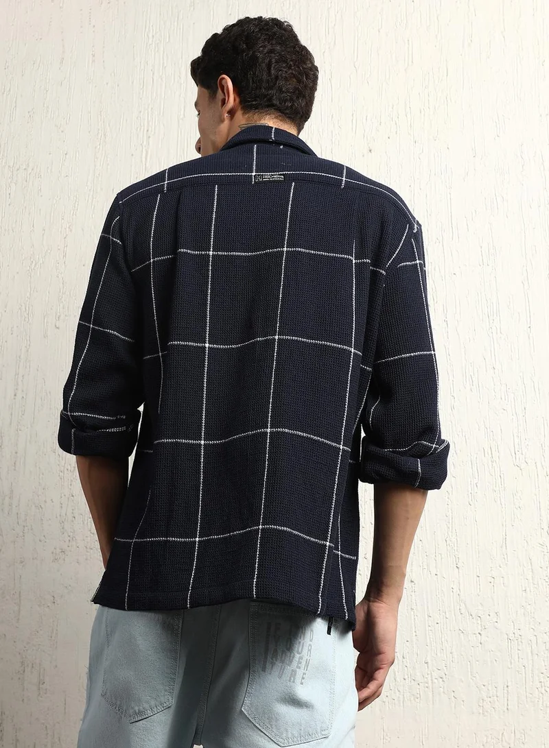 هوبرهولمي Navy Oversized Cotton Casual Check Waffle Shirt for Men, Full Sleeves