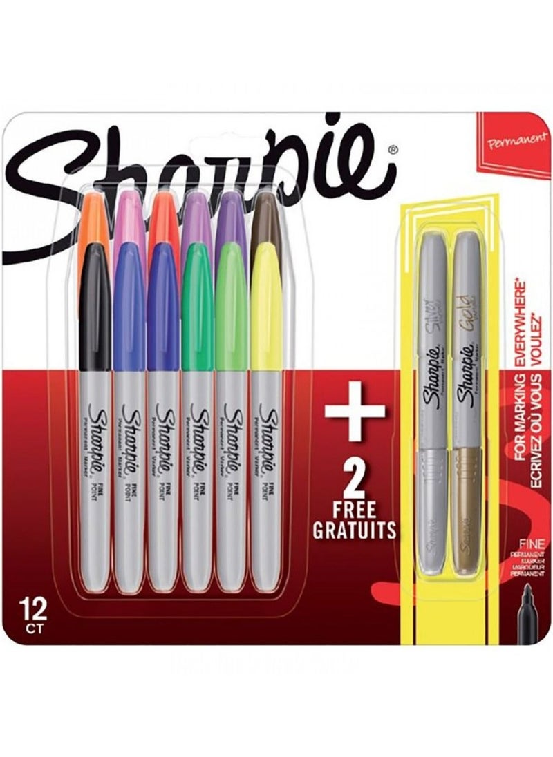 Sharpie - مجموعة أقلام تحديد دائمة من شاربي ذات رأس رفيع مكونة من 12 قلمًا + قلمين بلون معدني - Image 1