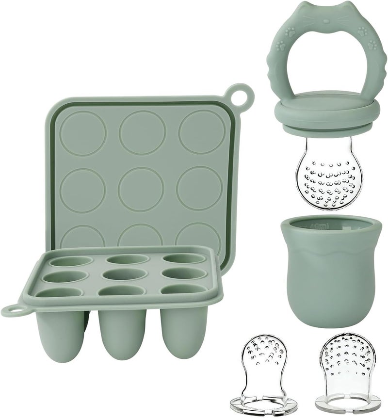 Socub Silicone Baby Fruit Food Feeder & Baby Food Freezer Tray Set, Breastmilk Popsicle Molds for Baby Teething Relief, Baby Food Pacifier Feeder for Self Feeding, Extra 3 Sizes Food Pouch (Sage) - Image 1