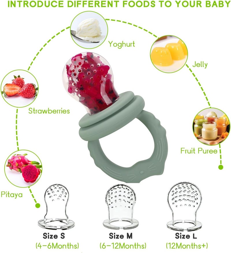 Socub Silicone Baby Fruit Food Feeder & Baby Food Freezer Tray Set, Breastmilk Popsicle Molds for Baby Teething Relief, Baby Food Pacifier Feeder for Self Feeding, Extra 3 Sizes Food Pouch (Sage) - Image 4