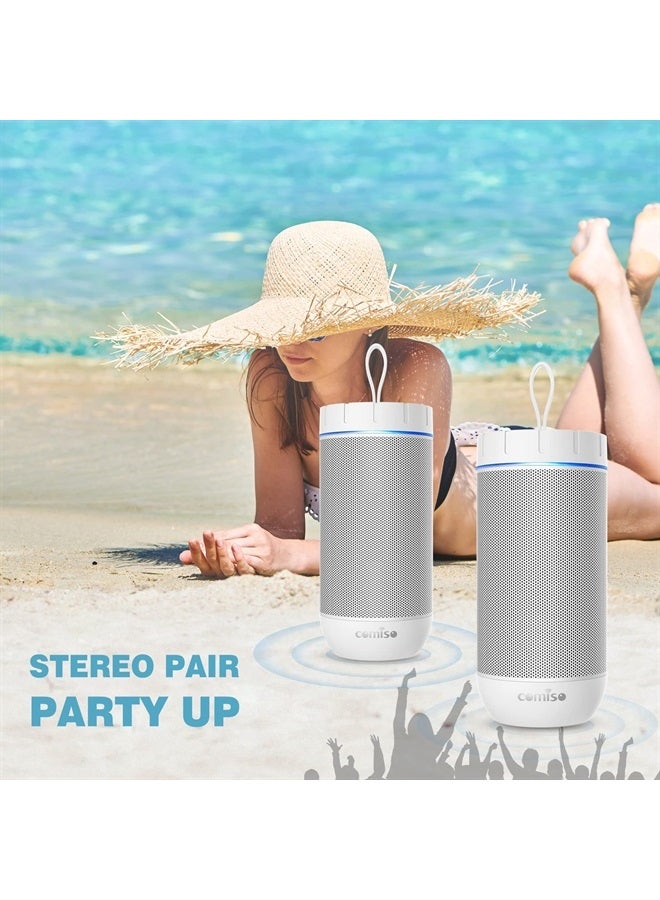 comiso مكبر صوت بلوتوث X26، مكبرات صوت مقاومة للماء IPX5، صوت محيطي HD 360° مع باس قوي، اقتران مزدوج لاسلكي، 24 ساعة من وقت التشغيل، مكبر صوت محمول للاستحمام، المنزل، الهواء الطلق، التخييم، الشاطئ - أبيض - Image 5