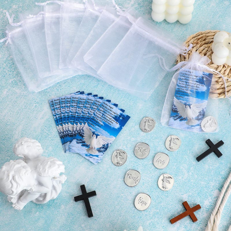 Sureio 30 Pieces Inspirational Pocket Angel Favors Set Memorial Sign Faith Love Family Hope Courage Angel Charm Peace Dove Sign Poem Cards White Organza Bag Favors Pocket Token Gifts for Family Friend - Image 4