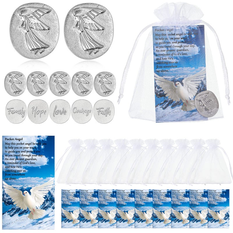 Sureio 30 Pieces Inspirational Pocket Angel Favors Set Memorial Sign Faith Love Family Hope Courage Angel Charm Peace Dove Sign Poem Cards White Organza Bag Favors Pocket Token Gifts for Family Friend - Image 1