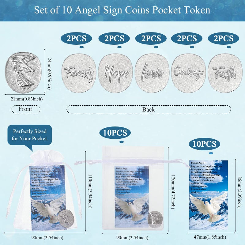 Sureio 30 Pieces Inspirational Pocket Angel Favors Set Memorial Sign Faith Love Family Hope Courage Angel Charm Peace Dove Sign Poem Cards White Organza Bag Favors Pocket Token Gifts for Family Friend - Image 2