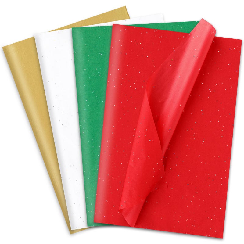 Whaline 100Sheets Christmas Tissue Paper Glittery Colorful Sparkle Gift Wrapping Paper Assorted Red Green White Gold DIY Art Craft Paper for Christmas Party Wine Bottles Xmas Gift Decor 14 x 20 Inch