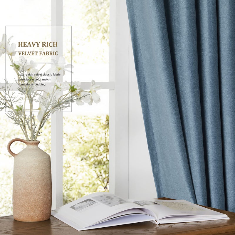 BULBUL Living Room Velvet Window Curtains 63 inch Long- 2 Panels Stone Grayish Blue Window Drapes Curtains Thermal Insulated Room Darkening Decor Grommet Curtains for Bedroom - Image 4