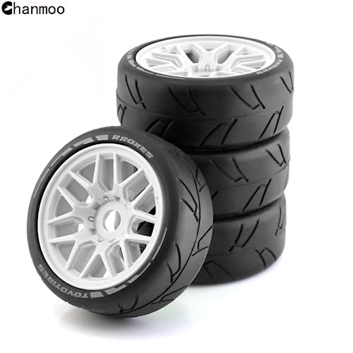 Chanmoo 1/8 RC On Road Car Tires and Wheels Rims 17mm Hex 103mm Rubber Rally Tyres for 1:8 Scale RC On-Road Racing Car HPI WR8 HSP Hobao ARRMA Redcat Losi Kyosho VRX RC Rally Drift Car 4PCS (White) - Image 4