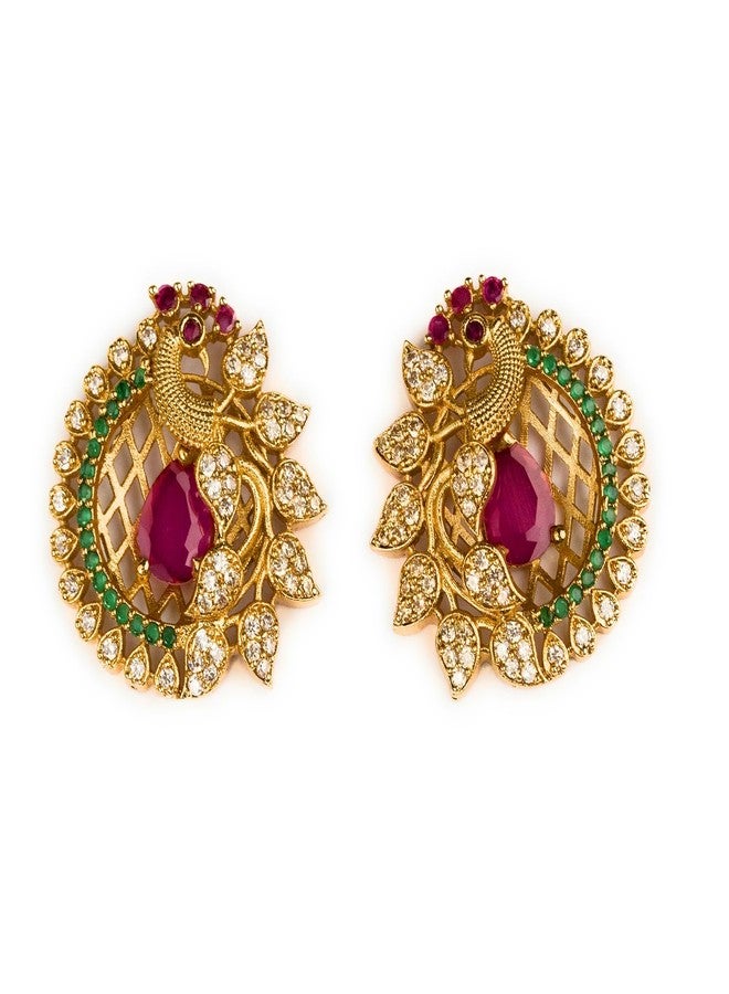 Sasitrends Traditional Gold Plated AD Stone Studded Peacock Designer Temple Tops Earrings for Women & Girls - Image 1