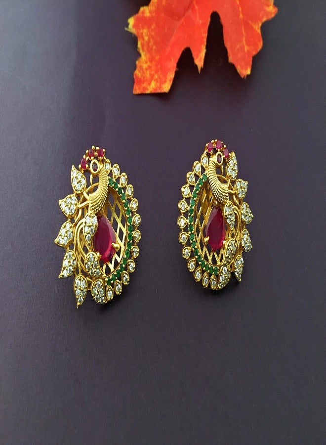 Sasitrends Traditional Gold Plated AD Stone Studded Peacock Designer Temple Tops Earrings for Women & Girls - Image 5