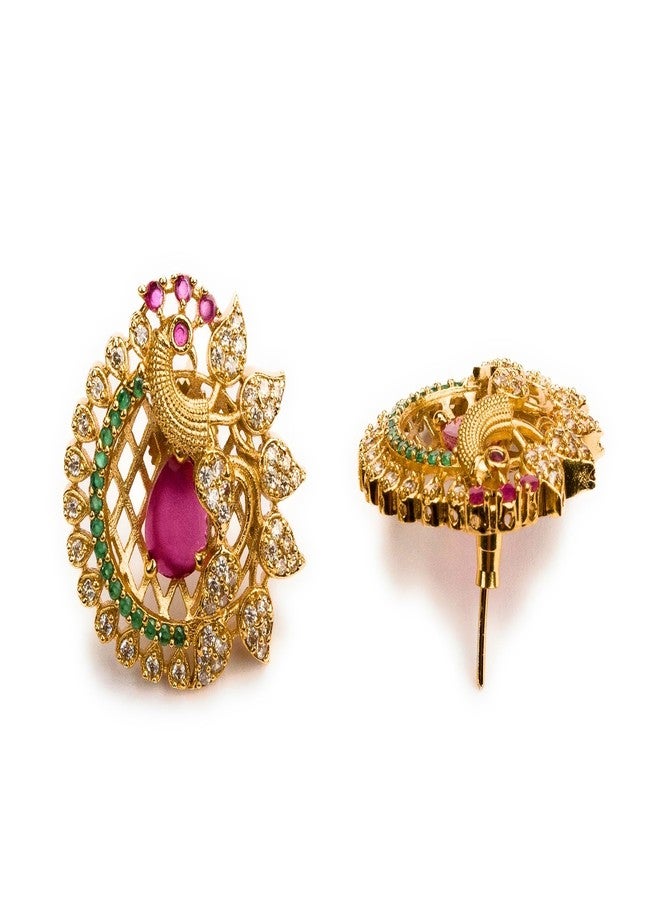Sasitrends Traditional Gold Plated AD Stone Studded Peacock Designer Temple Tops Earrings for Women & Girls - Image 3