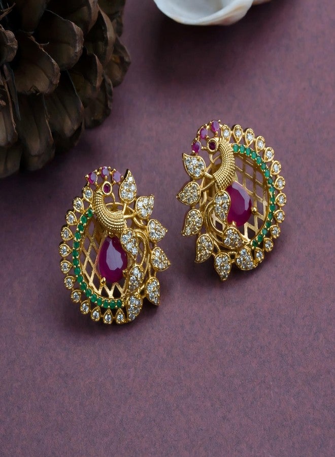 Sasitrends Traditional Gold Plated AD Stone Studded Peacock Designer Temple Tops Earrings for Women & Girls - Image 2