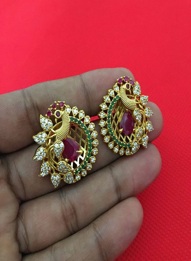 Sasitrends Traditional Gold Plated AD Stone Studded Peacock Designer Temple Tops Earrings for Women & Girls - Image 4
