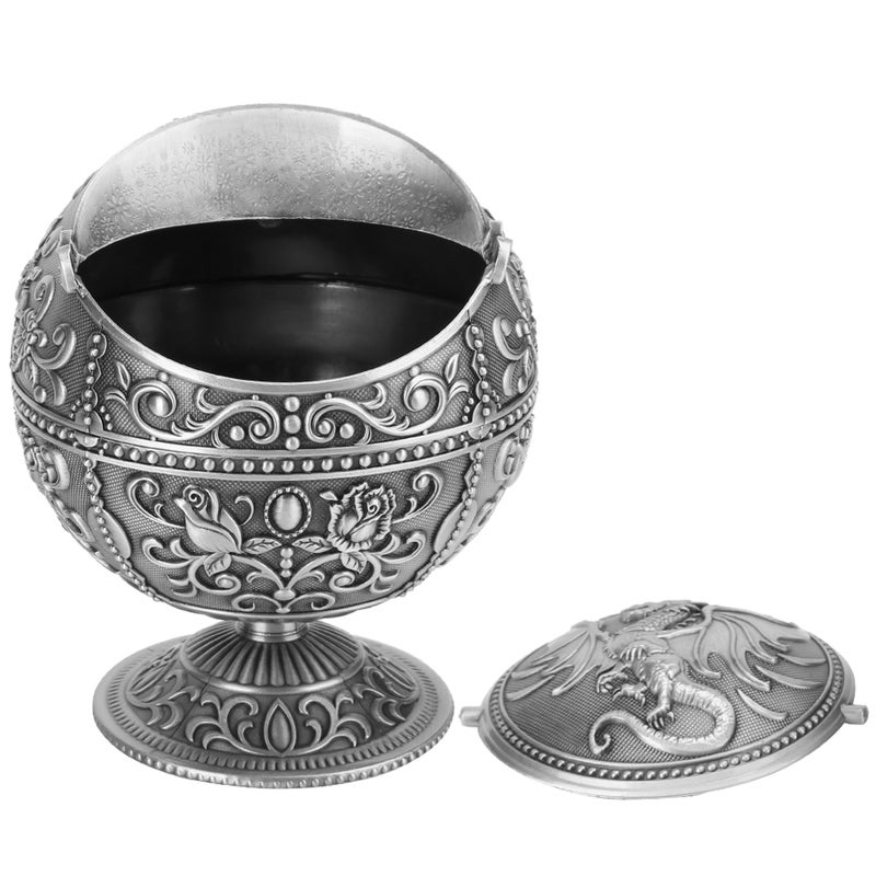 Vintage Ashtray Tellurion Shape Dragon Pattern Zinc Alloy with Lid Windproof Home Decor Craft - Image 1