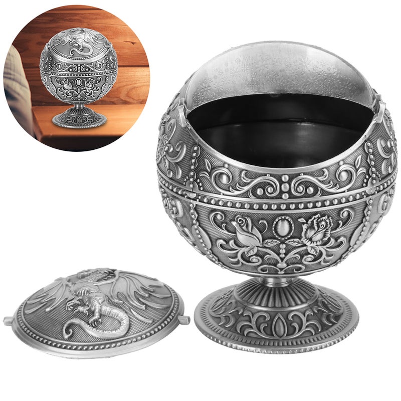 Vintage Ashtray Tellurion Shape Dragon Pattern Zinc Alloy with Lid Windproof Home Decor Craft - Image 5