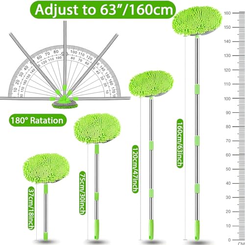 WillingHeart 63" Car Wash Mop Brush Tool Mitt with Long Handle Length More Suitable for Washing Cars Truck, SUV, RV, Trailer, 2 in 1 Chenille Microfiber Duster Not Hurt Paint Scratch Free, Green - Image 3