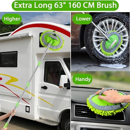 WillingHeart 63" Car Wash Mop Brush Tool Mitt with Long Handle Length More Suitable for Washing Cars Truck, SUV, RV, Trailer, 2 in 1 Chenille Microfiber Duster Not Hurt Paint Scratch Free, Green - Image 2
