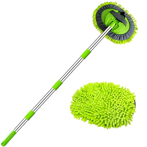 WillingHeart 63" Car Wash Mop Brush Tool Mitt with Long Handle Length More Suitable for Washing Cars Truck, SUV, RV, Trailer, 2 in 1 Chenille Microfiber Duster Not Hurt Paint Scratch Free, Green - Image 1