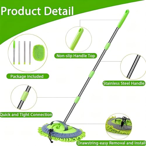 WillingHeart 63" Car Wash Mop Brush Tool Mitt with Long Handle Length More Suitable for Washing Cars Truck, SUV, RV, Trailer, 2 in 1 Chenille Microfiber Duster Not Hurt Paint Scratch Free, Green - Image 5