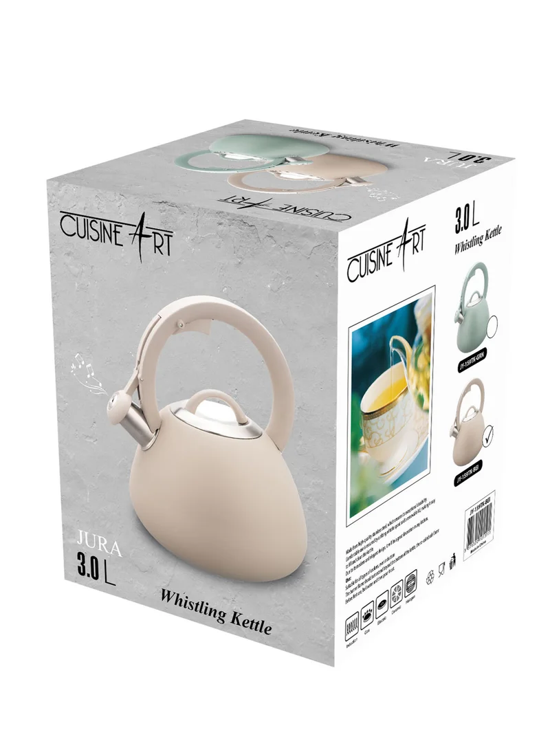 Cuisine Art Cuisine Art JURA Stainless Steel Whistling Tea Kettle 3.0L, Beige, 201 Stainless Steel, Nylon Handle, Soft Touch Coating, Fast Boiling, 18/0 Single Bottom, Suitable for use on all stove tops